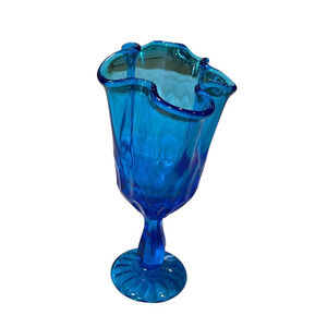 Vintage FENTON Colonial Blue Glass Thumbprint Handkerchief Swung Vase 6.75x 3.5"